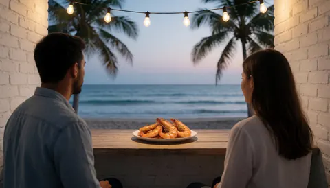 Un couple savoure des crevettes à table face à la mer, entouré de guirlandes lumineuses et de palmiers dans un cadre de plage relaxant.