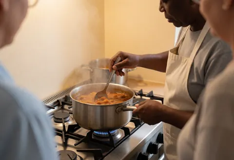 Un chef cuisinier prépare un ragoût dans une cuisine avec des murs beige, mais il y a des spectateurs.