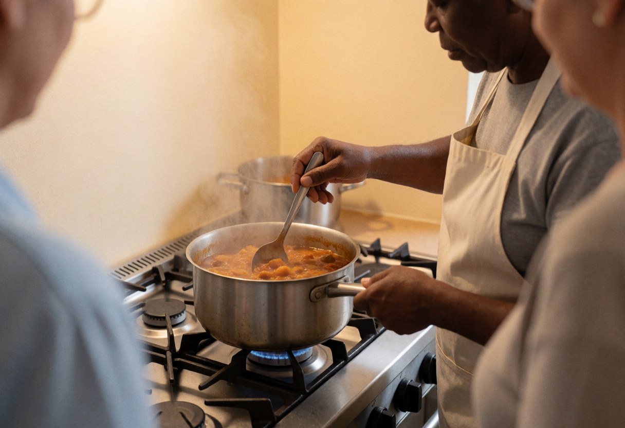 Un chef cuisinier prépare un ragoût dans une cuisine avec des murs beige, mais il y a des spectateurs.