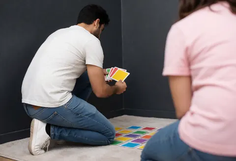 Un professeur utilise des cartes flash pour enseigner l'espagnol dans une salle de classe aux murs gris, créant une ambiance éducative et confortable.