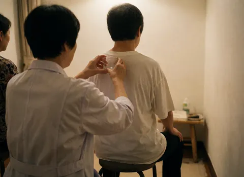 Un thérapeute pratique un massage aux ventouses sur l'épaule d'un client assis dans une chaise, devant des murs blancs et une lumière douce.