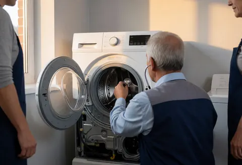 Un technicien répare une machine à laver démontée en utilisant un stéthoscope dans un environnement professionnel avec des murs gris et une lumière naturelle.