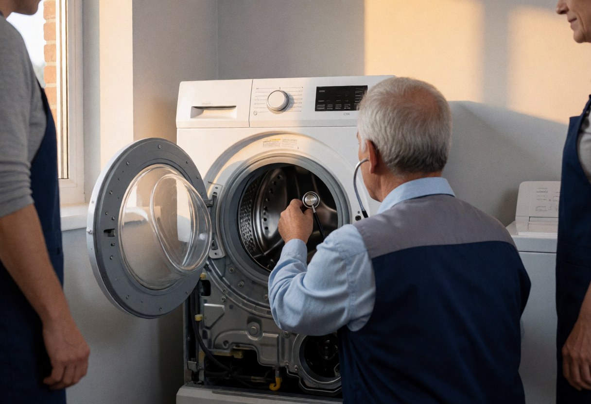 Un technicien répare une machine à laver démontée en utilisant un stéthoscope dans un environnement professionnel avec des murs gris et une lumière naturelle.