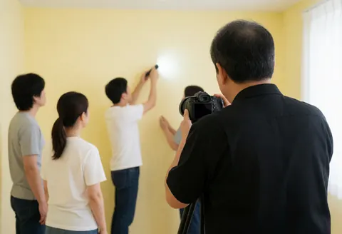 Un photographe utilise un appareil photo sur trépied pour photographier des clients qui dessinent avec une lampe de poche sur un mur jaune dans un studio.
