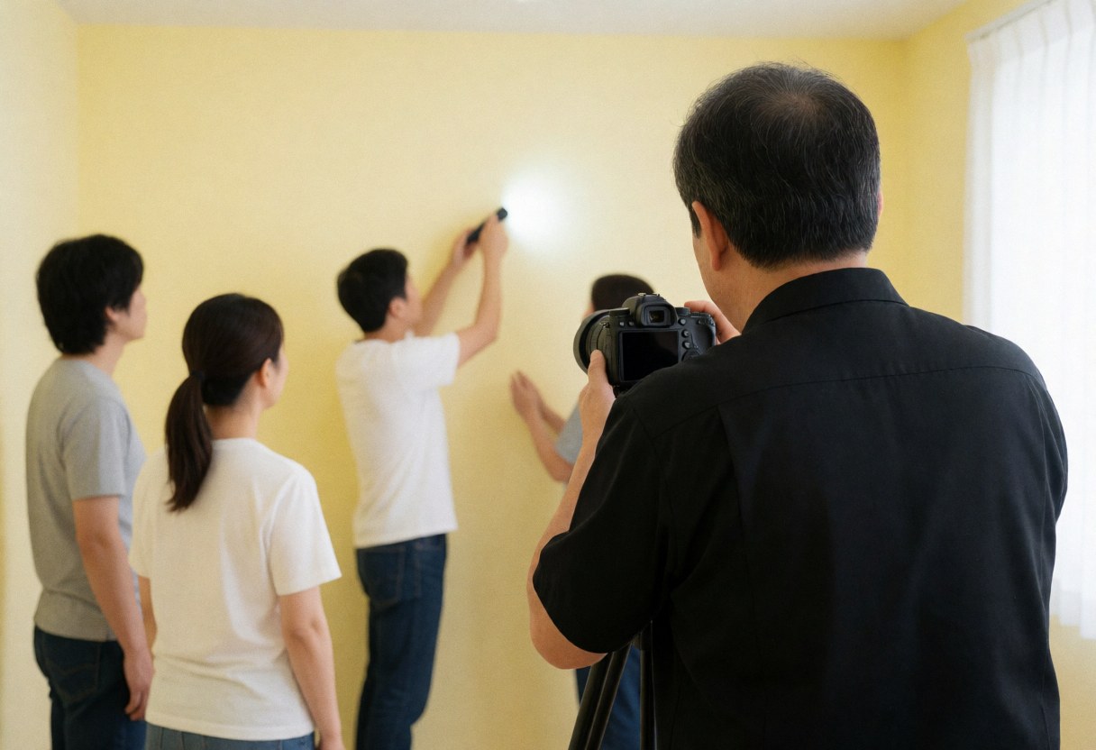 Un photographe utilise un appareil photo sur trépied pour photographier des clients qui dessinent avec une lampe de poche sur un mur jaune dans un studio.