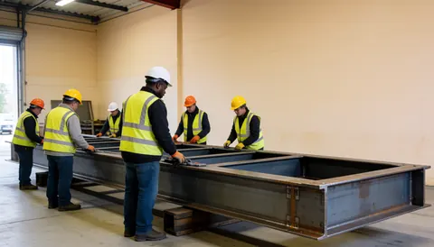 Des ouvriers portant casques et gilets jaunes assemblent une grande structure métallique dans un atelier industriel aux murs clairs, prêt pour la livraison.