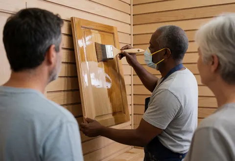 Un menuisier portant un masque applique du vernis sur une porte en bois dans un atelier, observé par deux personnes.
