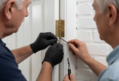 Un technicien ajuste un matériel en bronze sur une porte blanche avec un outil, devant un mur de briques blanches, deux personnes travaillent ensemble en serrurerie.