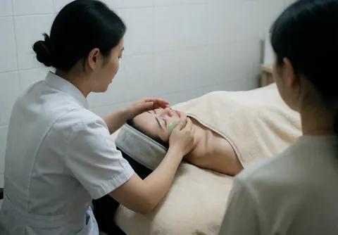 Un thérapeute applique délicatement un masque hydratant vert en gel sur le visage d'une cliente allongée sur une table de soin dans un spa calme aux murs carrelés blancs.