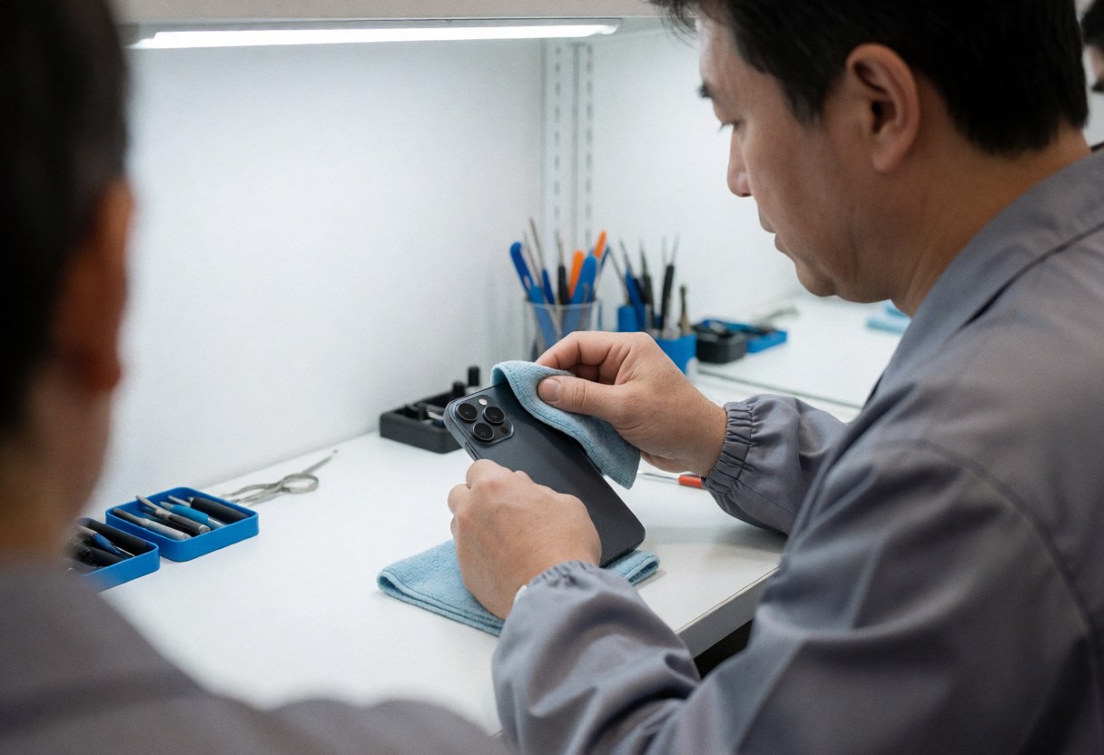 Un technicien en réparation de téléphones utilise un chiffon pour nettoyer l'objectif d'un smartphone noir posé sur une table blanche, entouré d'outils organisés.