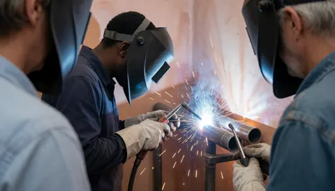 Trois soudeurs équipés de casques et gants travaillent sur des tubes en acier dans un atelier aux murs clairs, des étincelles brillent.