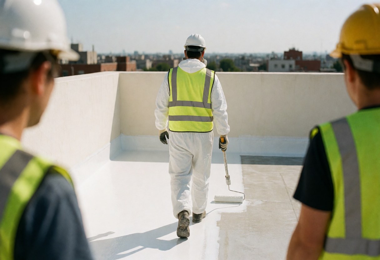 Un ouvrier applique de la peinture blanche au rouleau sur un toit urbain tandis que deux collègues observent les travaux de réparation.