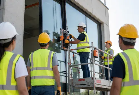 Des ouvriers en casques et gilets de sécurité installent un grand panneau de verre sur une façade moderne en béton.