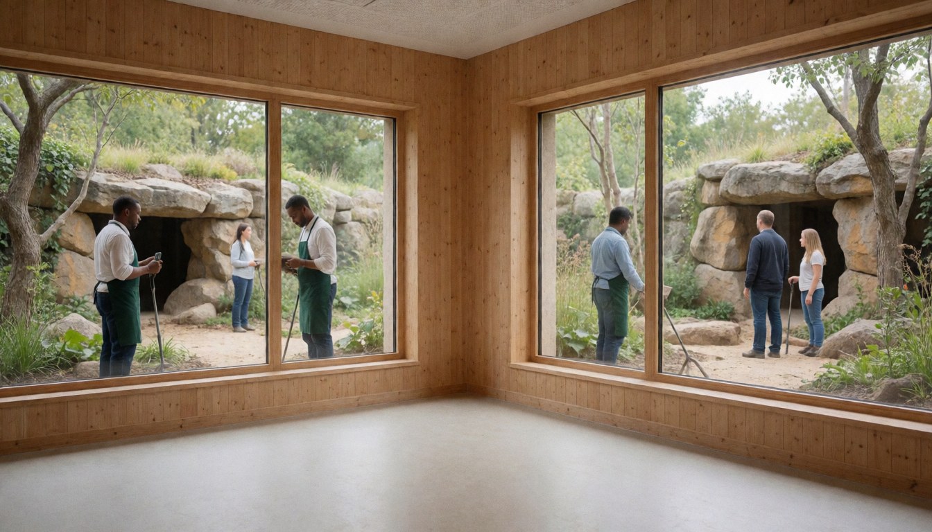 Des travailleurs portant des tabliers se tiennent près d'une grande fenêtre, observant un zoo avec des structures en pierre et de la végétation naturelle.