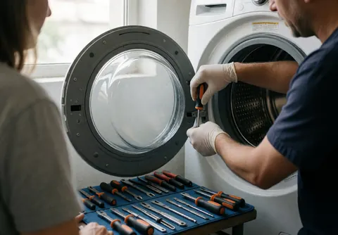 Un technicien en gants répare la porte d'une laveuse démontée sur une table bleue dans un atelier lumineux.
