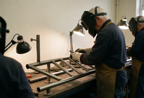 Un soudeur portant un casque et un tablier assemble une structure métallique dans un atelier éclairé par des projecteurs de travail.