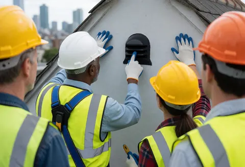 Des ouvriers en tenue de sécurité examinent un ventilateur cassé sur un toit résidentiel avec un paysage urbain en arrière-plan.