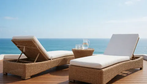 Deux transats en osier avec coussins blancs posés sur une terrasse en bois offrant une vue dégagée sur l'océan, idéal pour un club de plage.