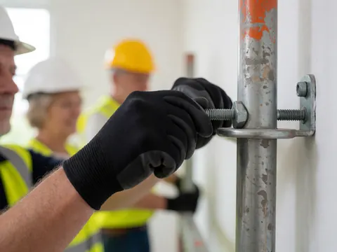 Gros plan d'une main portant un gant noir en train de serrer un boulon sur une structure métallique d'échafaudage.
