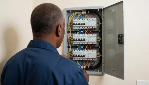 Un électricien examine un panneau électrique ouvert avec des câbles et des interrupteurs organisés sur un mur blanc.