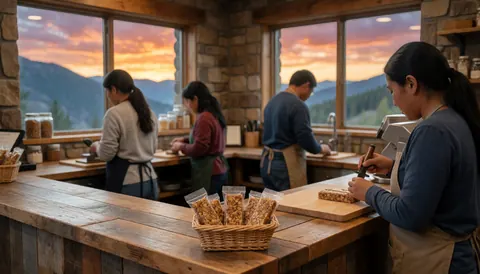Des employés préparent des snacks dans la cuisine d'un refuge alpin avec une vue sur les montagnes au coucher du soleil.