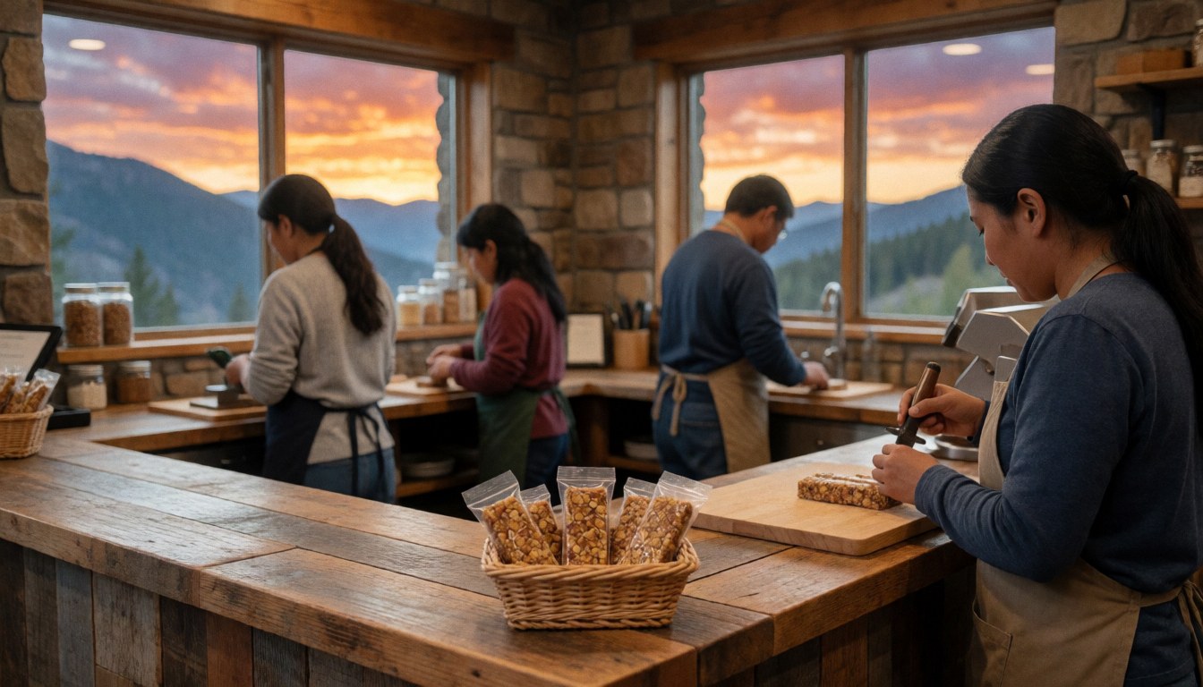Des employés préparent des snacks dans la cuisine d'un refuge alpin avec une vue sur les montagnes au coucher du soleil.