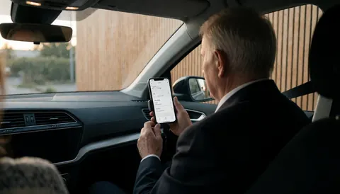Intérieur moderne d'un véhicule avec un conducteur regardant son téléphone portable pour l'application de transport, éclairage naturel de fin de journée.