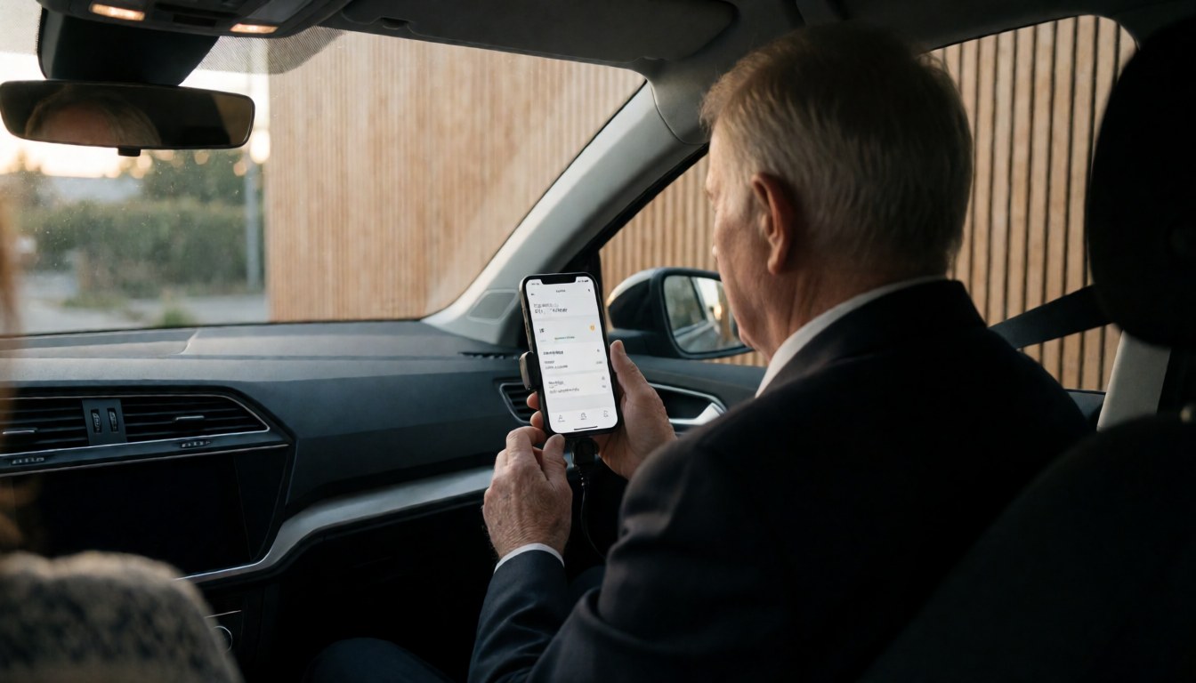 Intérieur moderne d'un véhicule avec un conducteur regardant son téléphone portable pour l'application de transport, éclairage naturel de fin de journée.
