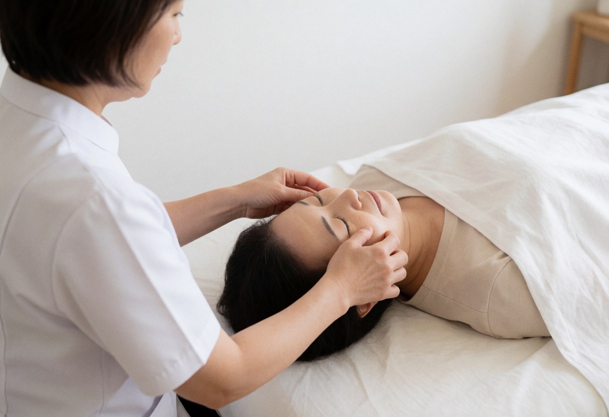 Une praticienne applique des gestes doux de shiatsu sur le visage d'un client allongé sur une table de massage dans un espace lumineux et apaisant.