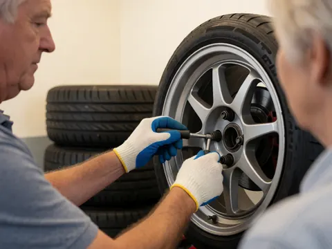 Technicien utilisant une clé à choc pour serrer les écrous d'une roue dans un atelier automobile avec des pneus en arrière-plan.