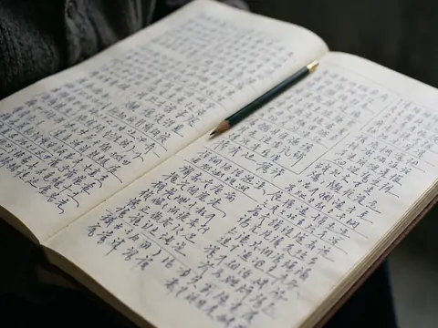 Un cahier ouvert montrant une écriture manuscrite détaillée, accompagné d'un crayon posé sur une surface en papier de couleur crème, évoquant la création littéraire.
