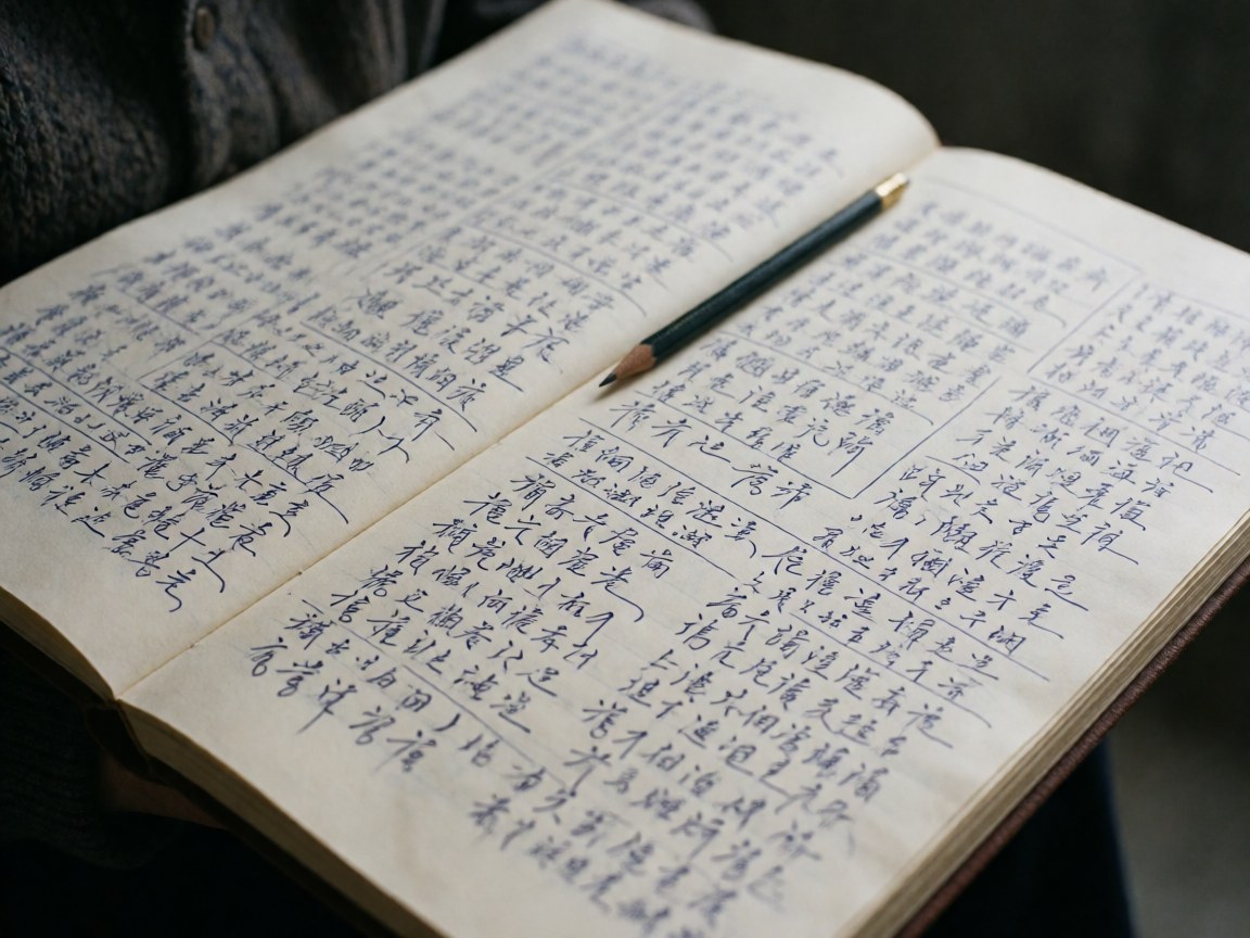 Un cahier ouvert montrant une écriture manuscrite détaillée, accompagné d'un crayon posé sur une surface en papier de couleur crème, évoquant la création littéraire.