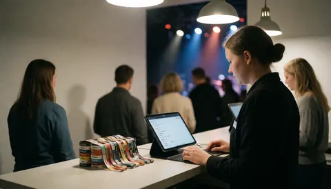 Accueil d'un centre de divertissement équipé de barrières de file d'attente et d'une tablette, avec des projecteurs en arrière-plan.