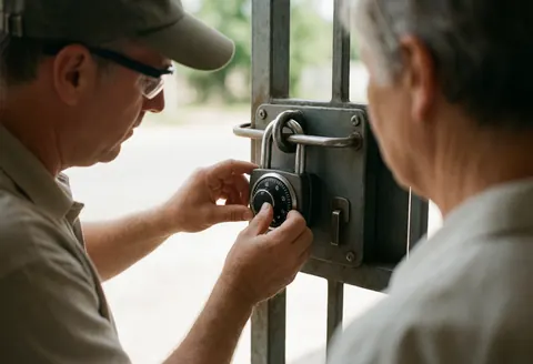 Un technicien en lunettes de sécurité règle un cadran de serrure combinée sur une porte métallique pendant qu'un client observe attentivement.