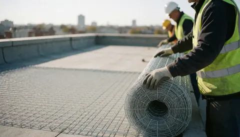 Des ouvriers en tenue de sécurité installent une armature métallique sur la toiture d'un bâtiment commercial par temps clair.