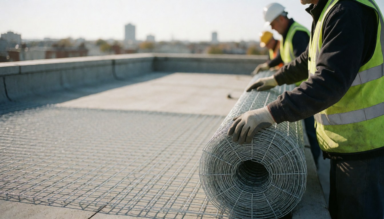 Des ouvriers en tenue de sécurité installent une armature métallique sur la toiture d'un bâtiment commercial par temps clair.