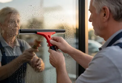 Un installateur de vitres nettoie une fenêtre avec une raclette rouge, des gouttes d'eau et une lumière dorée créant un reflet visible sur la surface.