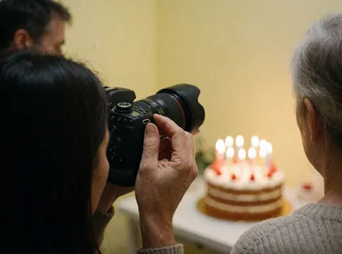 Une main ajuste l'anneau de mise au point d'un appareil photo reflex professionnel sur un gâteau aux bougies allumées dans un cadre chaleureux à murs jaunes.