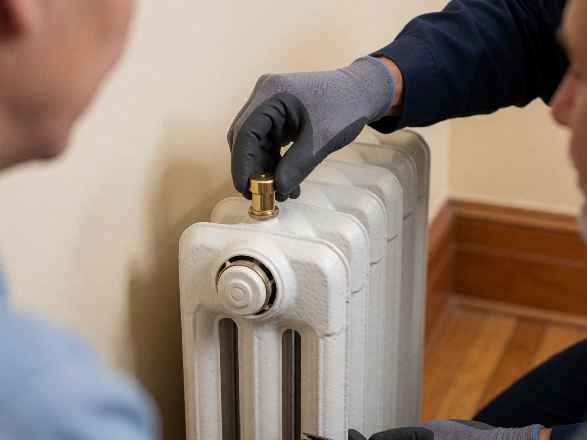 Un technicien en gants ajuste la vanne d'un radiateur mural blanc dans une pièce intérieure beige, illustrant un service de réparation de chauffage.