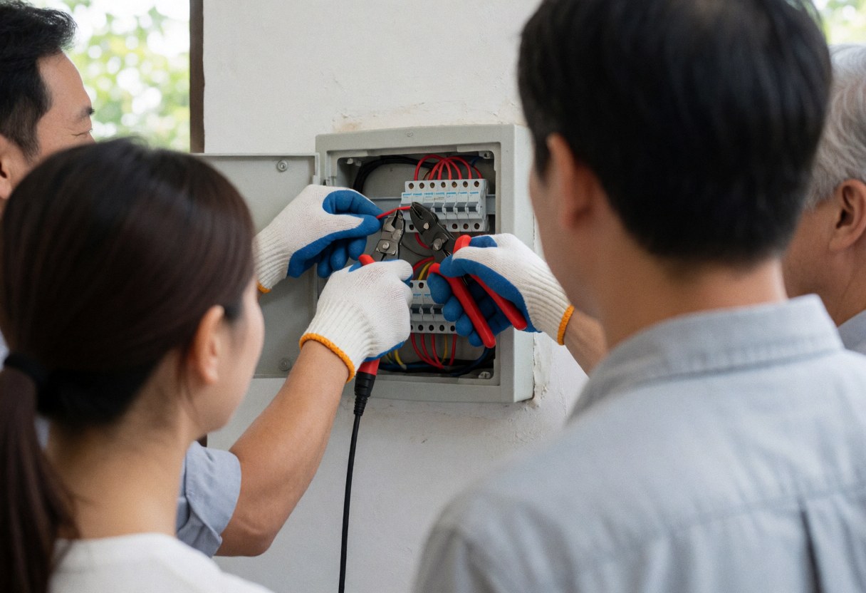 Électricien avec des gants isolants connecte des câbles rouges sur un panneau électrique ouvert, avec des personnes observant le service en action.