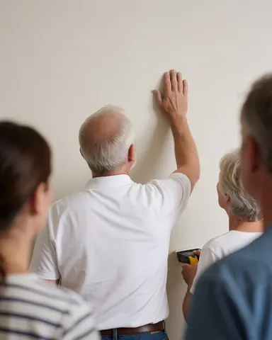 Une cliente examine une surface murale lisse à la main tandis que d'autres personnes observent la scène dans un contexte réaliste de rénovation.