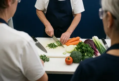 Un instructeur coupe un concombre pendant un cours de cuisine tandis que des étudiants observent, avec des légumes frais sur une planche et des murs bleus en arrière-plan.