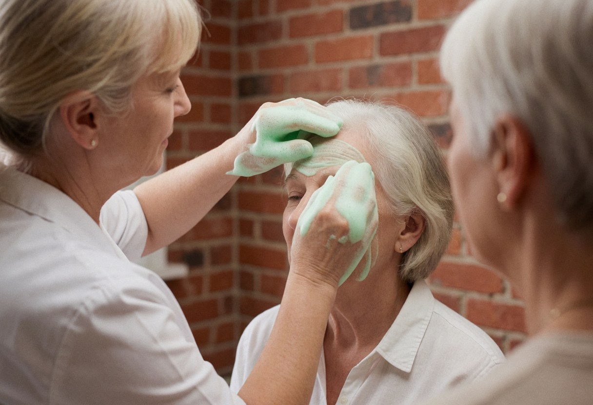 Une esthéticienne applique un gel hydratant vert sur le front d'une cliente dans un salon de beauté avec un mur en briques rouges.