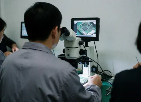Un technicien en atelier de réparation utilise un microscope digital pour examiner les détails d'une carte mère dans un environnement professionnel.