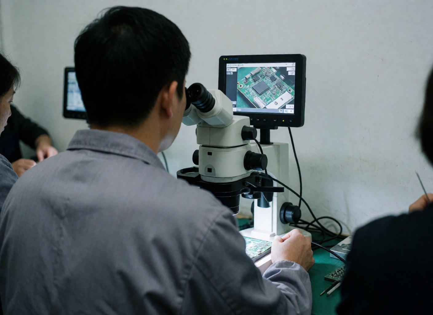Un technicien en atelier de réparation utilise un microscope digital pour examiner les détails d'une carte mère dans un environnement professionnel.