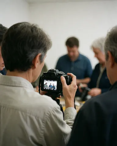 Un photographe professionnel enseigne à un groupe d'étudiants dans un atelier, tenant une caméra devant un mur blanc.