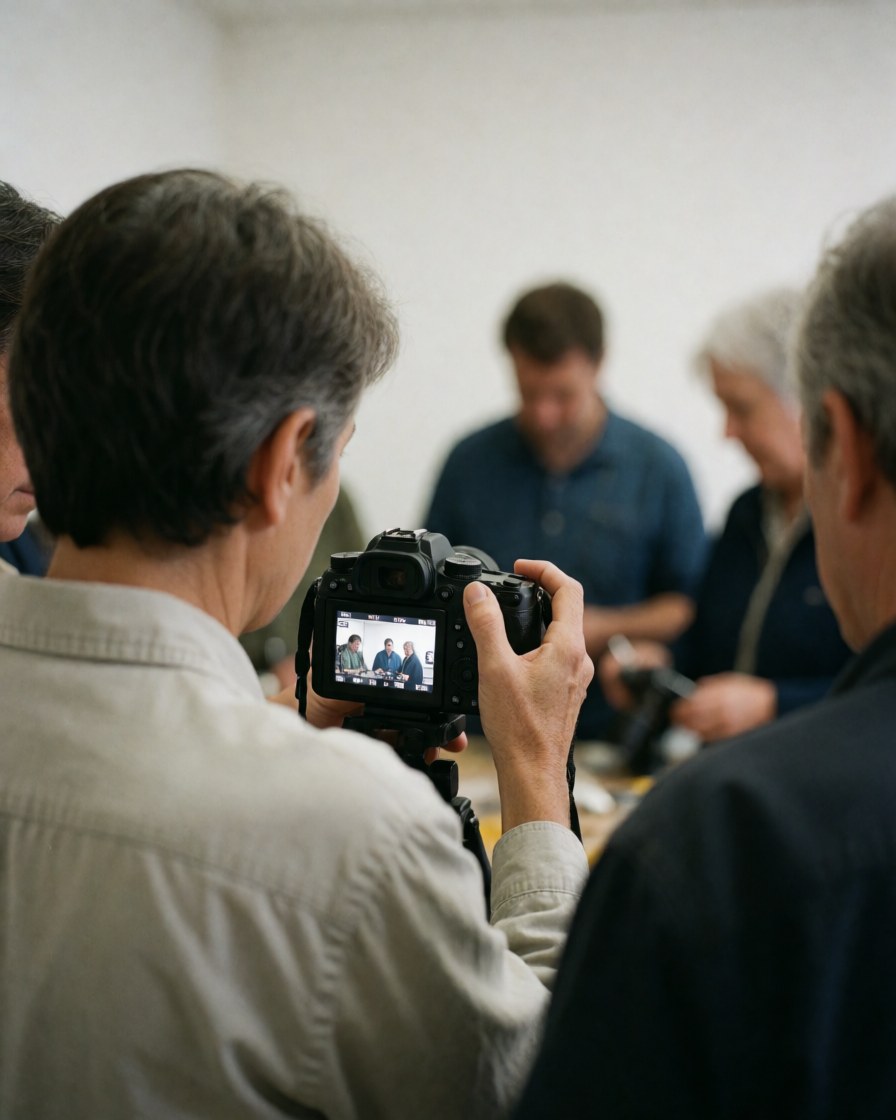 Un photographe professionnel enseigne à un groupe d'étudiants dans un atelier, tenant une caméra devant un mur blanc.
