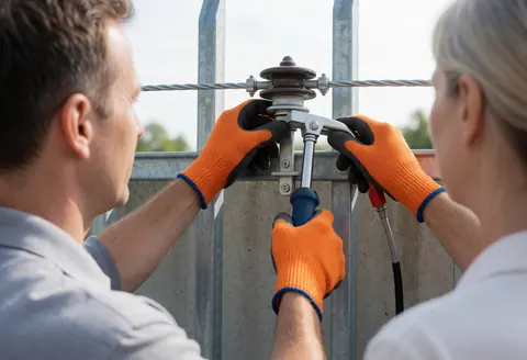 Deux techniciens en gants isolants fixent un isolateur céramique sur une clôture métallique avec câble d'acier, illustrant un service de sécurité électrique en action.