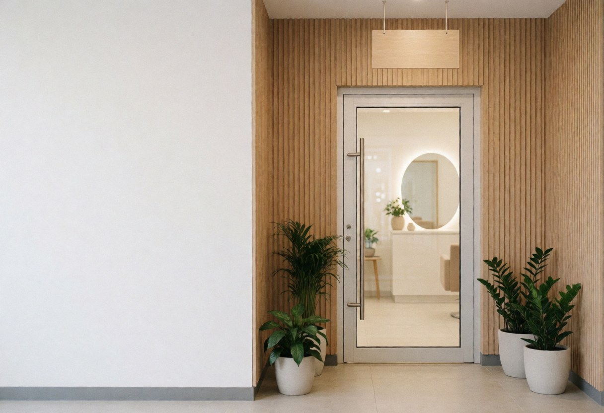 Vue de l'entrée d'un salon de coiffure moderne avec une porte vitrée, des murs en bois clair et plusieurs plantes en pot pour un intérieur accueillant.