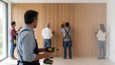 Quatre ouvriers posent des panneaux de bois dans un bureau moderne éclairé par la lumière du jour, illustrant un service de menuiserie.